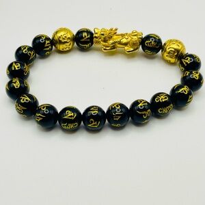 Fen Shui, Pixiu Black Obsidian Beaded Stretch Bracelet with Dragon Charm. 7 inch
